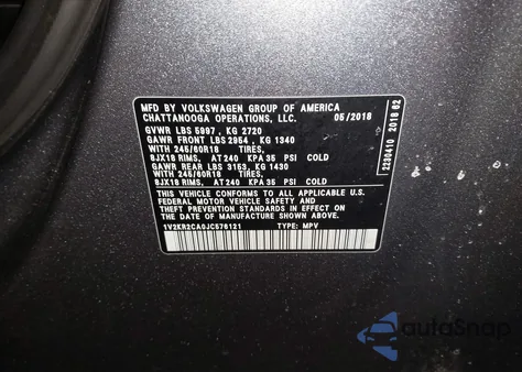 2018 Volkswagen Atlas 3.6L V6 Se z USA, uszkodzony, nr VIN 1V2KR2CA0JC576121